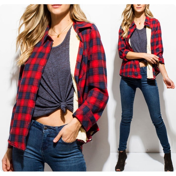 Korus Apparel Tops - Red Sherpa Lined Flannel Plaid Shirt Jacket Top